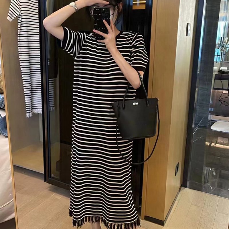 Round neck striped knitted short sleeved dress 2024 summer tassel straight tube skirt casual ice silk long skirt