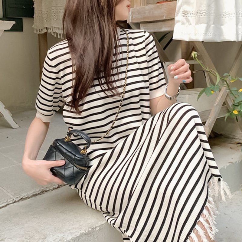 Round neck striped knitted short sleeved dress 2024 summer tassel straight tube skirt casual ice silk long skirt