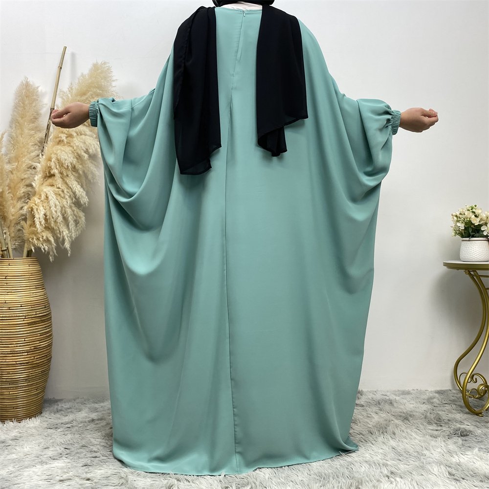 6689# Premium nida solid color batwing closed abaya maxi dresses with elasticated cuff back zipper for muslim women 2023 eid