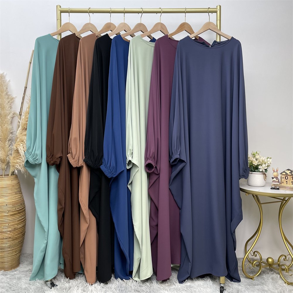 6689# Premium nida solid color batwing closed abaya maxi dresses with elasticated cuff back zipper for muslim women 2023 eid