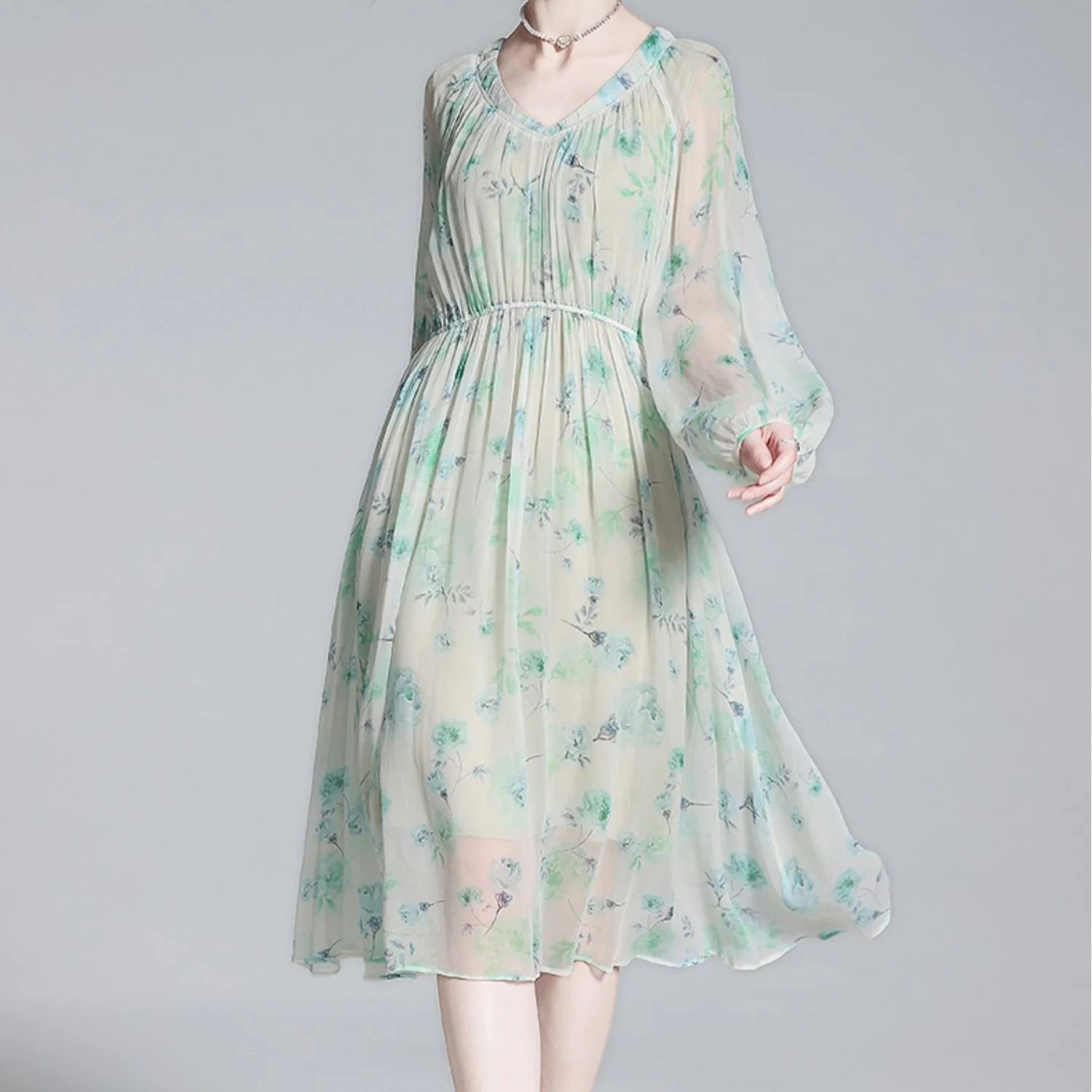 luxury women clothes 100% true silk dress french sweet slim floral print casual dress