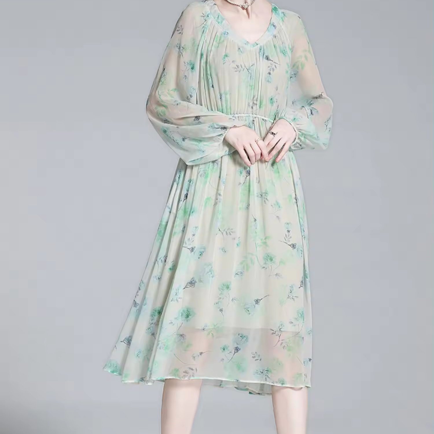 luxury women clothes 100% true silk dress french sweet slim floral print casual dress