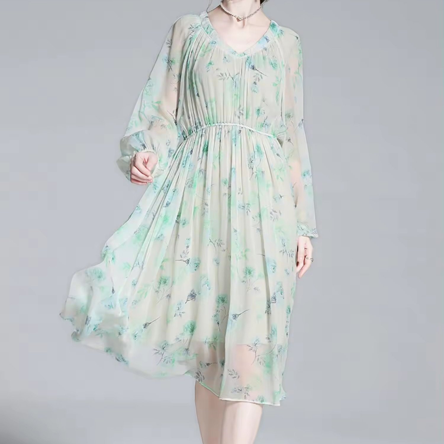 luxury women clothes 100% true silk dress french sweet slim floral print casual dress