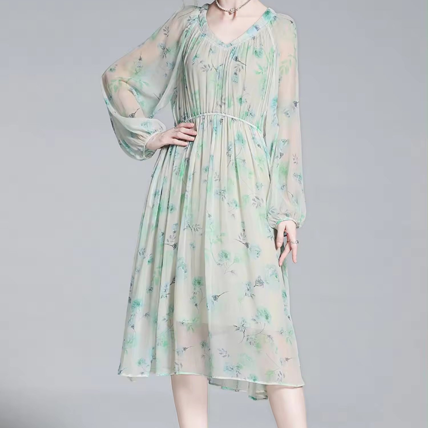 luxury women clothes 100% true silk dress french sweet slim floral print casual dress