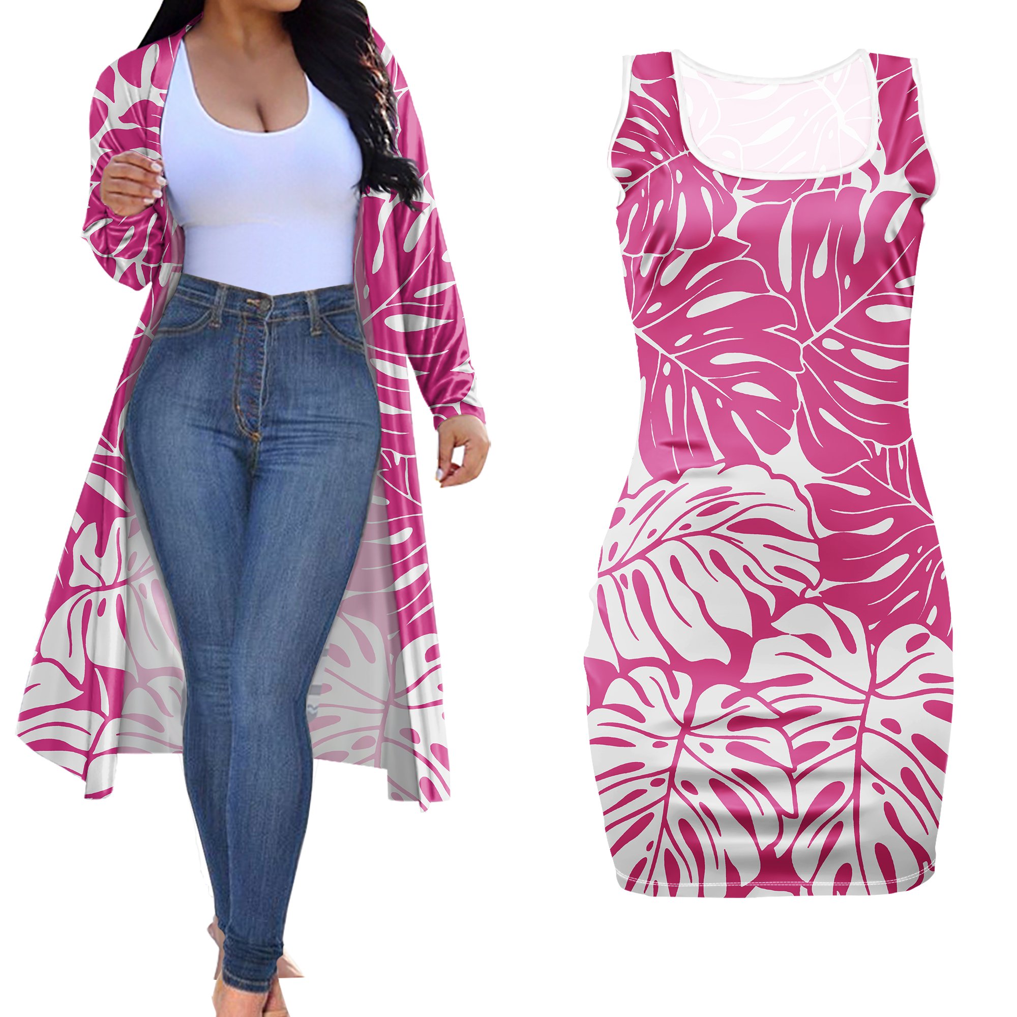 Casual Dresses Women Lady Elegant Monstera Leaf Printed Crew Neck Sleeveless Bodycon Dress Stretchy Party Club Short Mini Dress