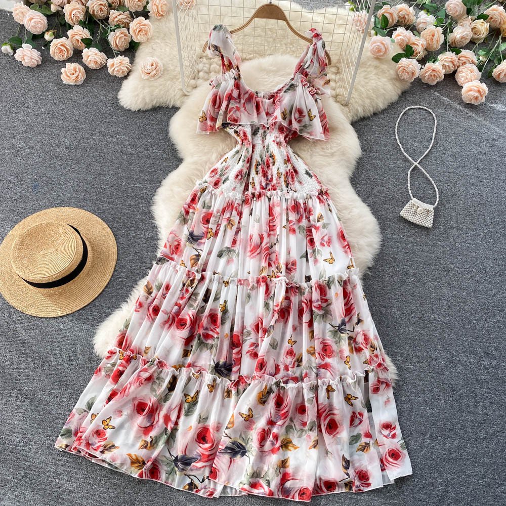 Beach Dress Women's Slimming Seaside Vacation Style Over-the-Knee Pleated Super Fairy Chiffon Printed Premium Casual Dress
