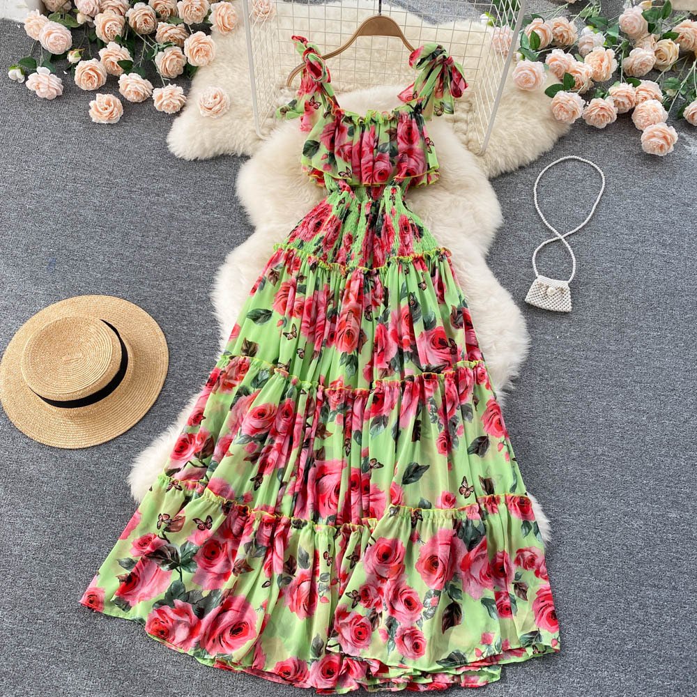 Beach Dress Women's Slimming Seaside Vacation Style Over-the-Knee Pleated Super Fairy Chiffon Printed Premium Casual Dress