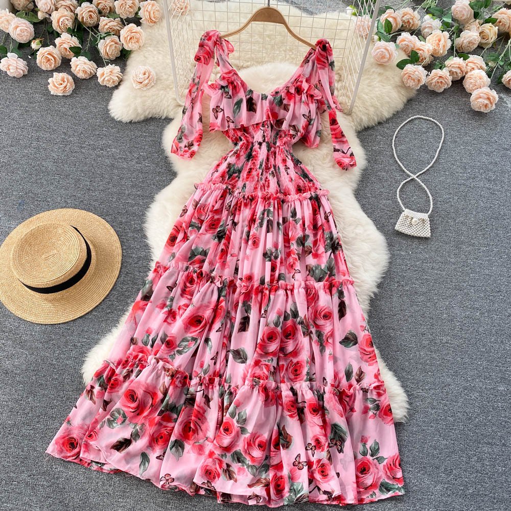 Beach Dress Women's Slimming Seaside Vacation Style Over-the-Knee Pleated Super Fairy Chiffon Printed Premium Casual Dress