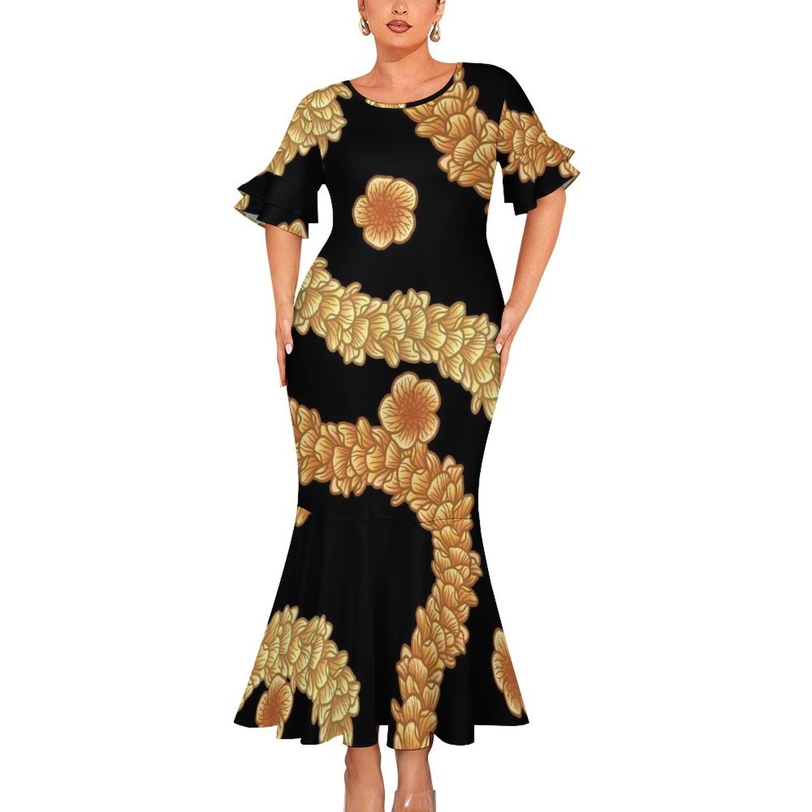 Wholesale Price Custom Puakenikeni Hawaiian Tropical Style Sexy Close-fitting Round Neck Short-sleeved Fishtail Dress