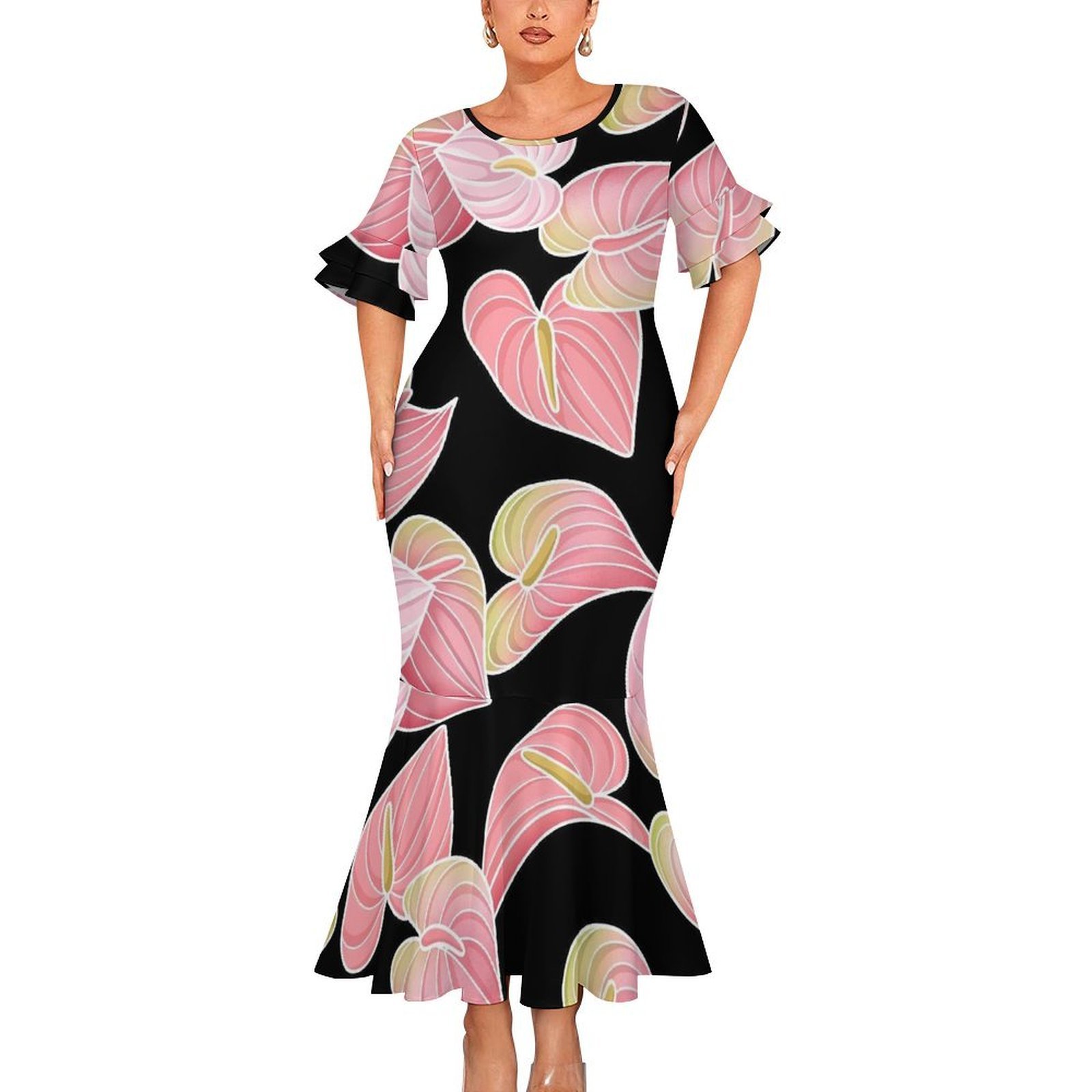 Wholesale Price Custom Puakenikeni Hawaiian Tropical Style Sexy Close-fitting Round Neck Short-sleeved Fishtail Dress