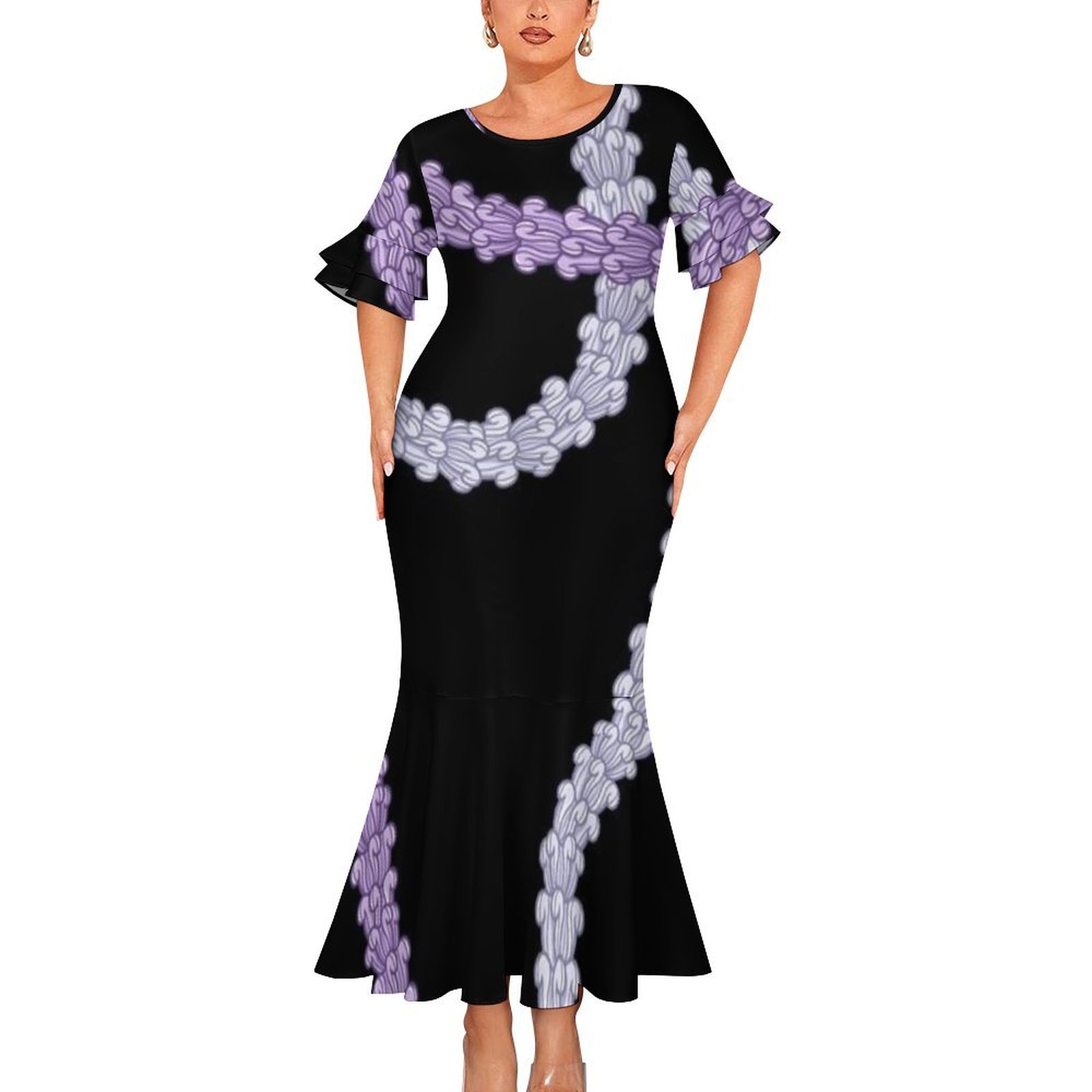 Wholesale Price Custom Puakenikeni Hawaiian Tropical Style Sexy Close-fitting Round Neck Short-sleeved Fishtail Dress
