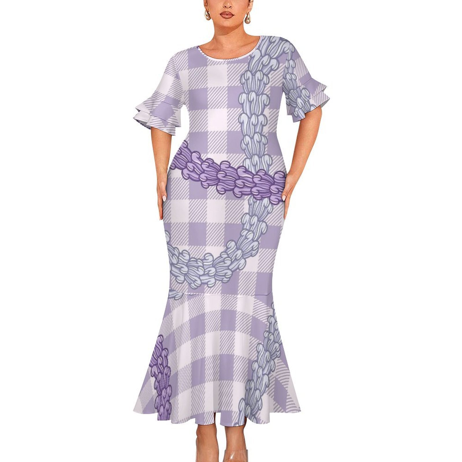 Wholesale Price Custom Puakenikeni Hawaiian Tropical Style Sexy Close-fitting Round Neck Short-sleeved Fishtail Dress