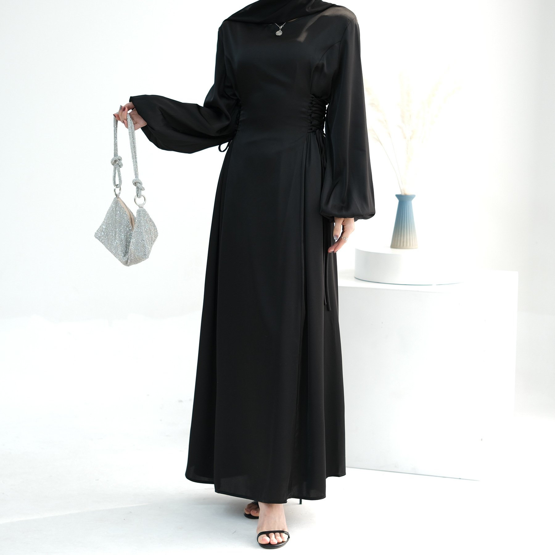 New Design Modest Long Dress Satin Party For Muslim Women Wear Casual Dresses Bandage Fashion Abaya Dress Ramadan Collection