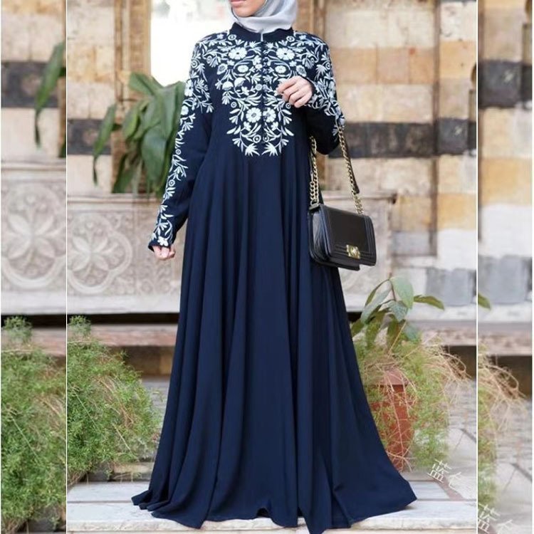 FREE SAMPLE Customized wholesale 2023 new Muslim crew neck dress long sleeved round neck printed ethnic women's clothing
