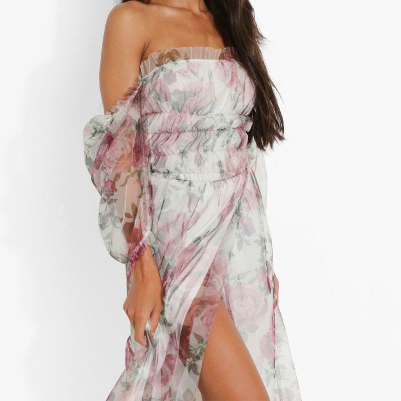 Beach summer chiffon strapless dress slit floral print split off shoulder puff sleeve casual dress for women