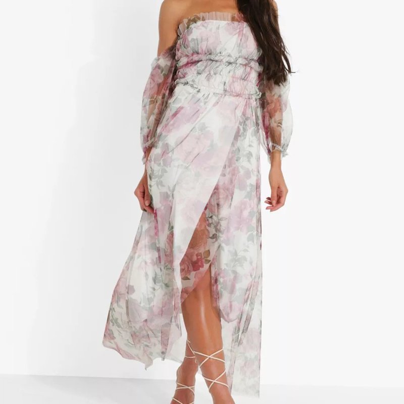 Beach summer chiffon strapless dress slit floral print split off shoulder puff sleeve casual dress for women