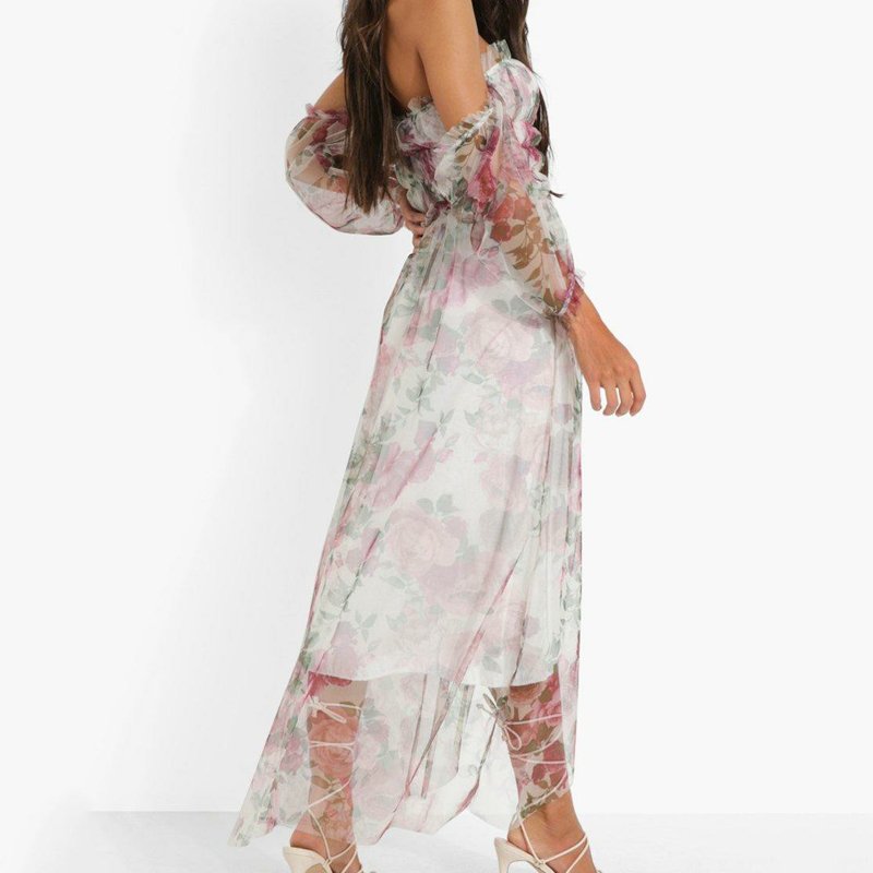 Beach summer chiffon strapless dress slit floral print split off shoulder puff sleeve casual dress for women