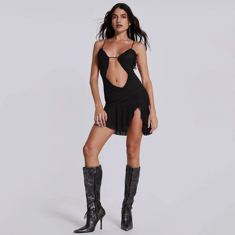 Peeqi K23D40591 summer 2024 hollow out sleeveless backless sexy mini dress bodycon hollow out see through casual dress for women