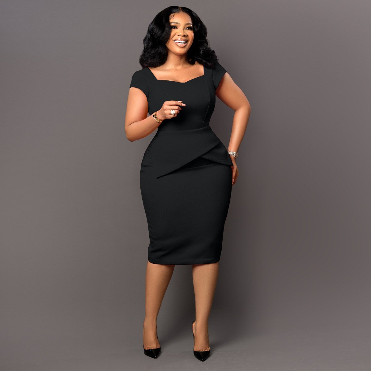 Top Quality Temperament Commuter Short Sleeve Hip Wrap Office Dress