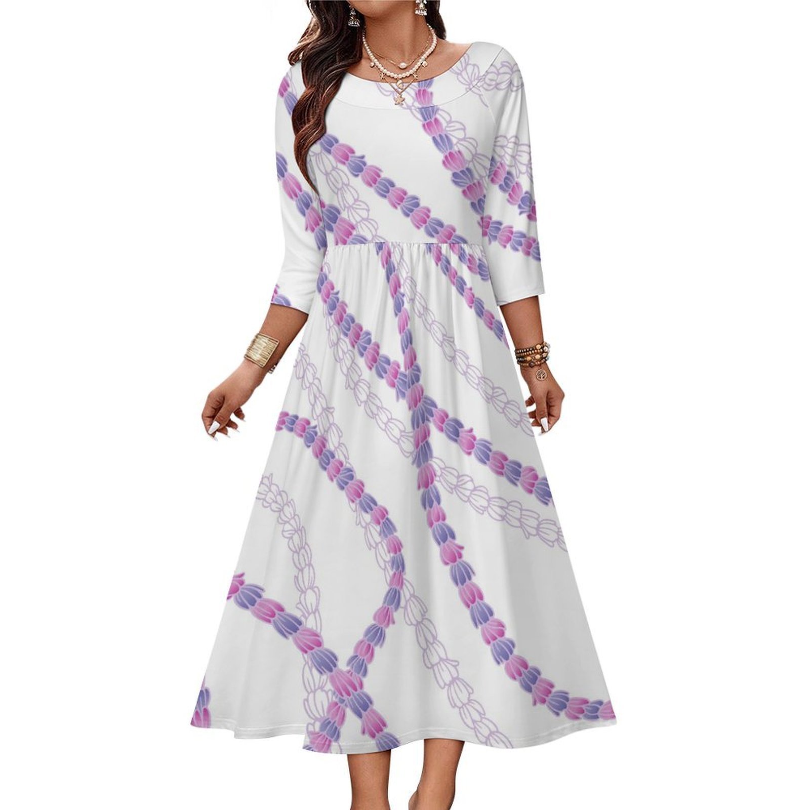 Hot Selling Polynesian Elei Tribal Design Custom Personality Fashion Slub Effect Linen Cloth Women Long-Sleeved Pleated Dress