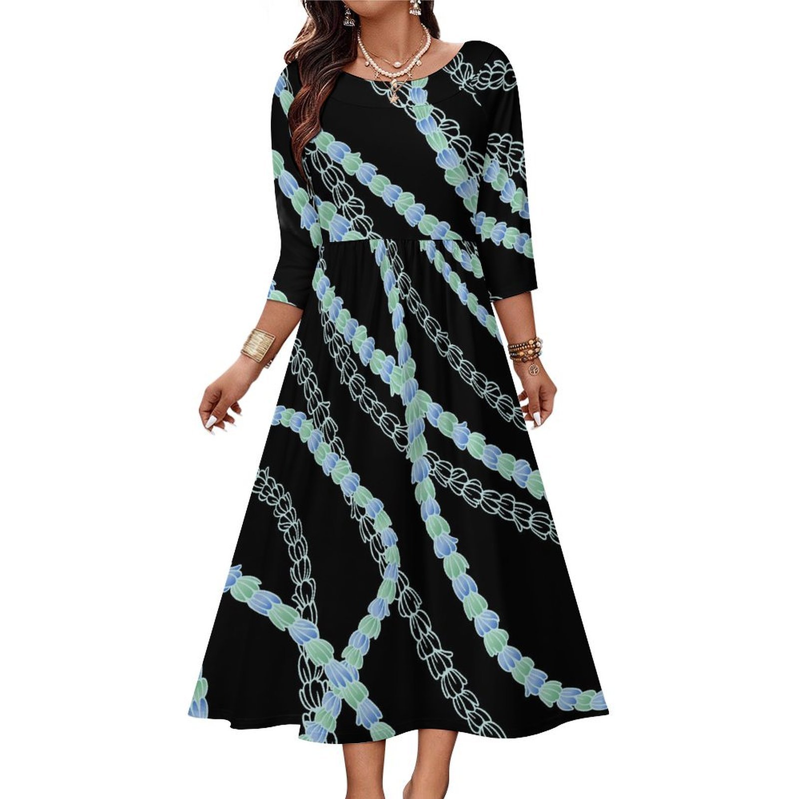 Hot Selling Polynesian Elei Tribal Design Custom Personality Fashion Slub Effect Linen Cloth Women Long-Sleeved Pleated Dress
