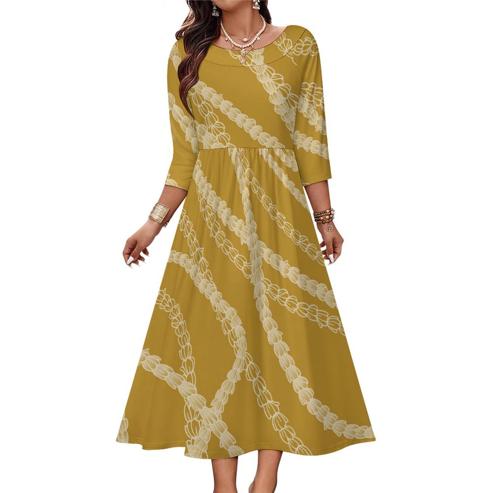 Hot Selling Polynesian Elei Tribal Design Custom Personality Fashion Slub Effect Linen Cloth Women Long-Sleeved Pleated Dress