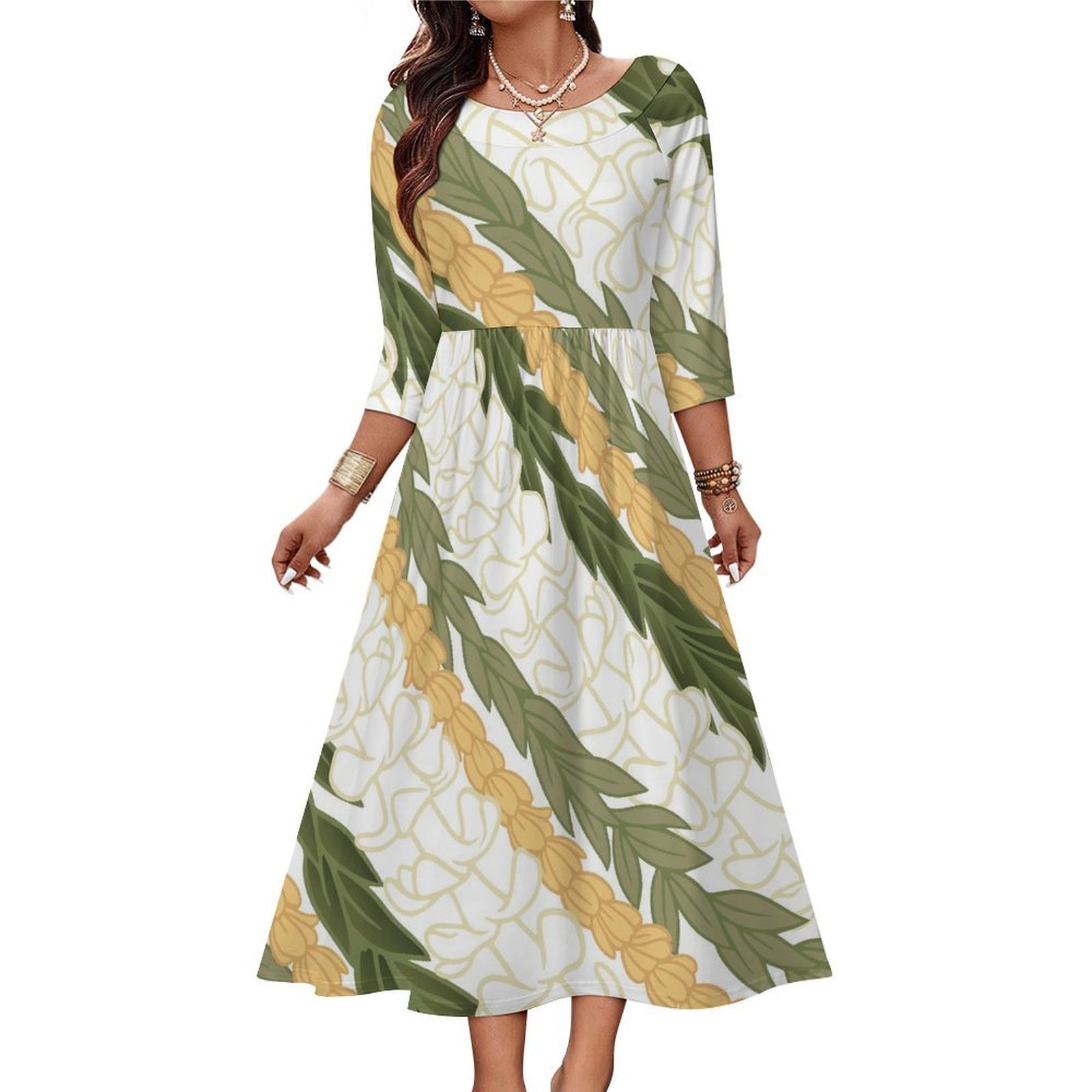 Hot Selling Polynesian Elei Tribal Design Custom Personality Fashion Slub Effect Linen Cloth Women Long-Sleeved Pleated Dress