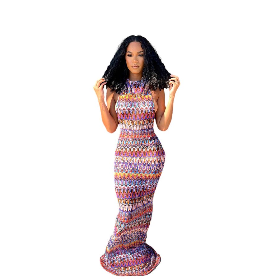 2024 Summer New Fashion Women's Hooded Knitted Jumpsuit Dress Casual Slimming Backless Design Color Matching 3D Printed Mesh