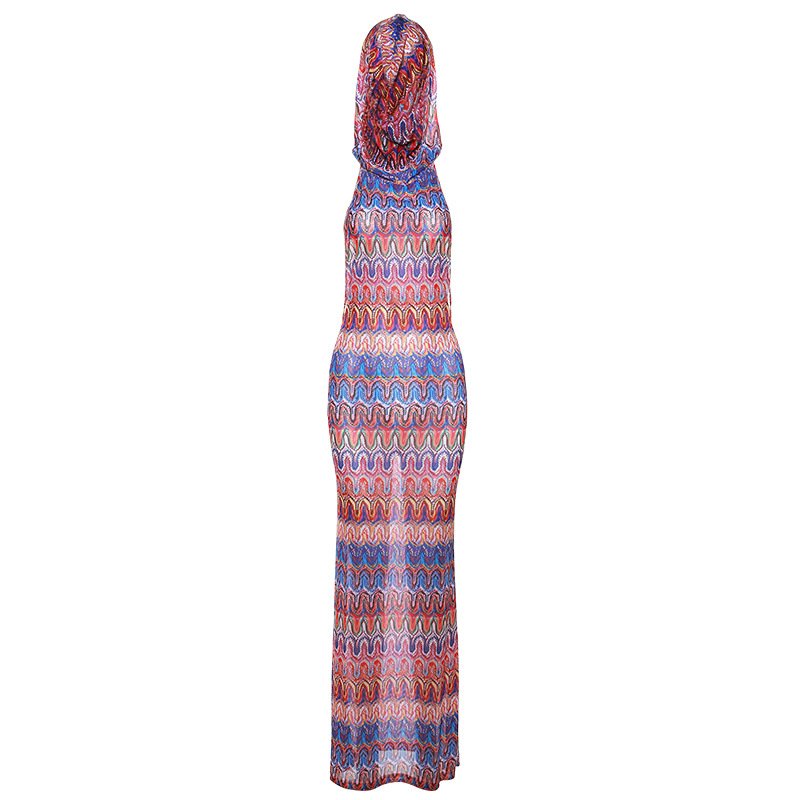 2024 Summer New Fashion Women's Hooded Knitted Jumpsuit Dress Casual Slimming Backless Design Color Matching 3D Printed Mesh
