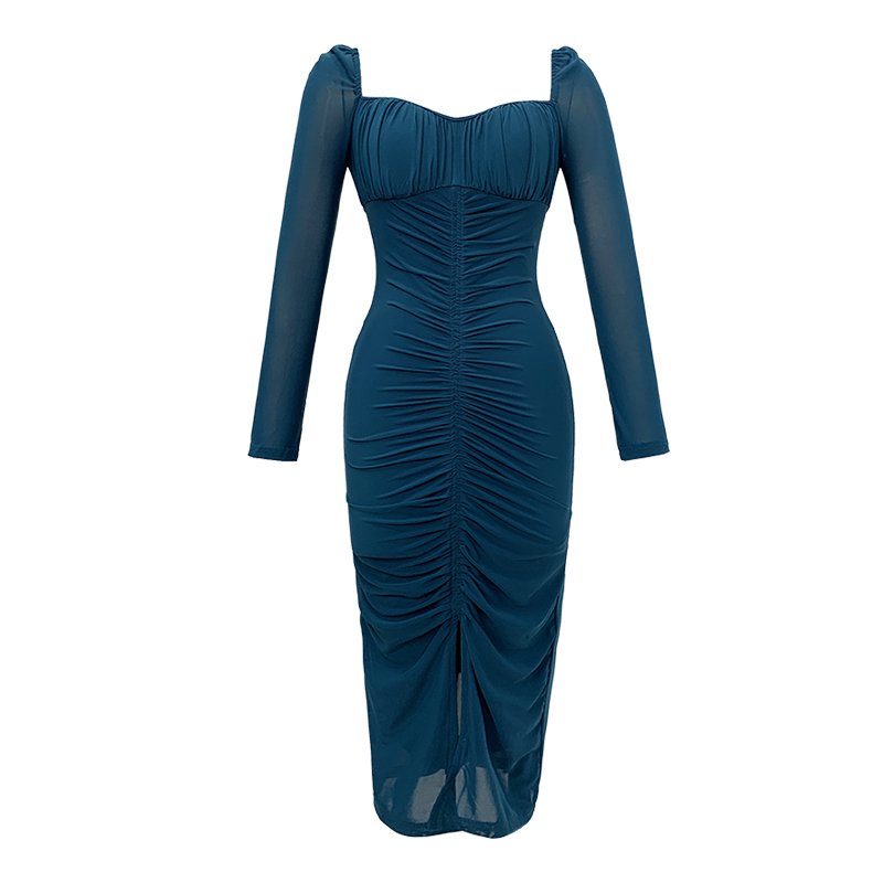 ZYHT 9551 2024 Female Clothes Chic Blue Casual Sexy Split Mesh Knit Cup Ruched Long Sleeve Bodycon Ladies Fall Dress for Women