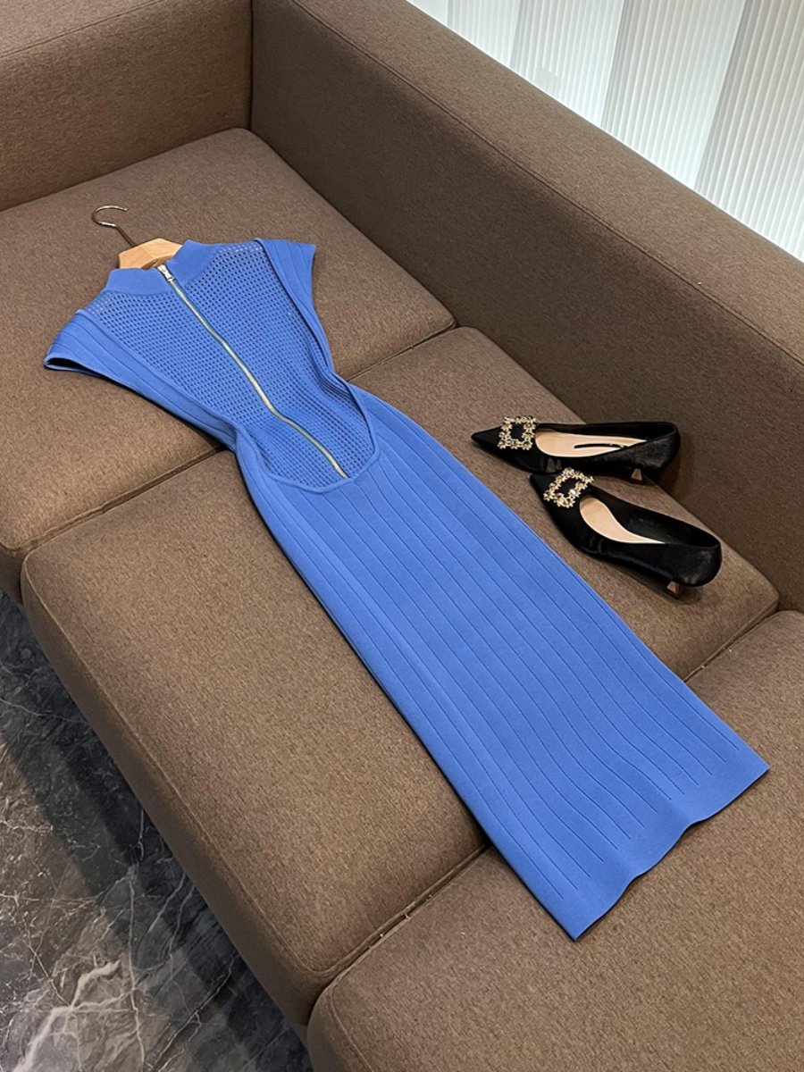 Sexy Hollow Out Stylish Lady Summer Party Wear Basic Solid Sleeveless Slim Fitted Women Knit Skinny Midi Dress