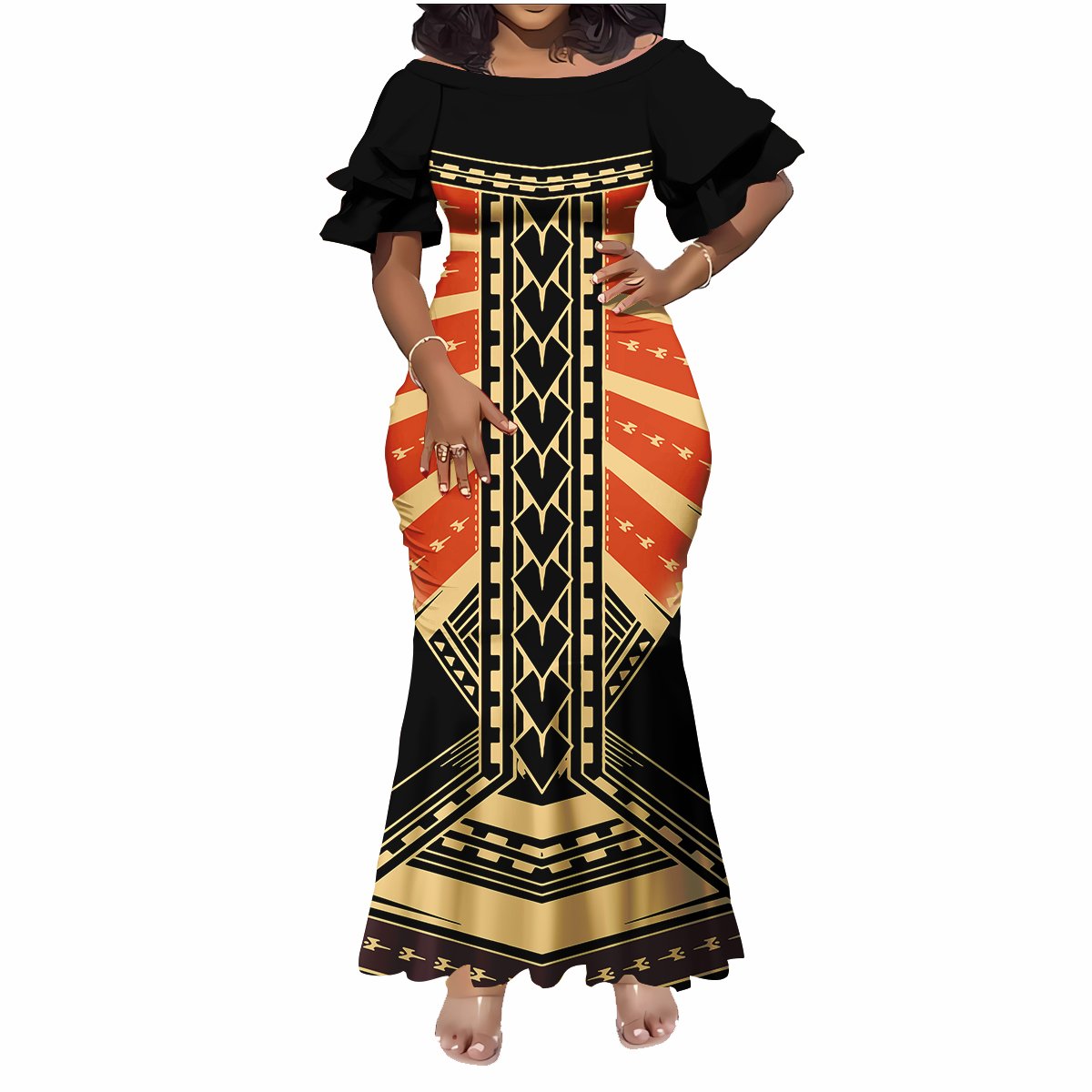 New Arrivals Petal Sleeve Long Fishtail Dresses Women Elegant Custom Samoa Polynesian Tribal Printed Mermaid Evening Dress 2024