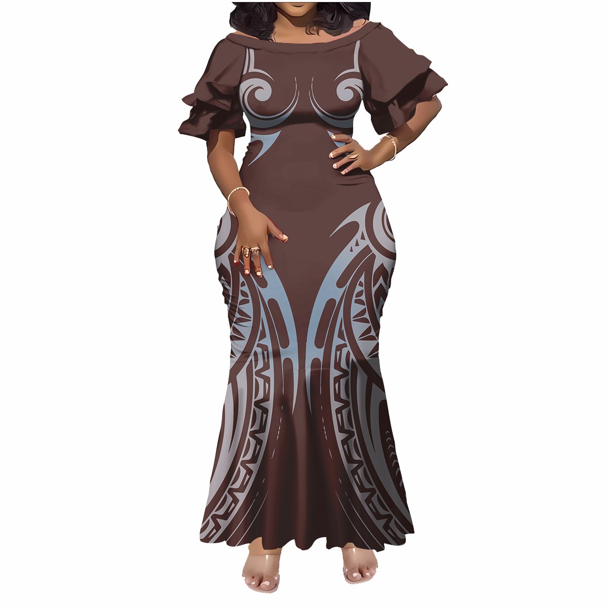 New Arrivals Petal Sleeve Long Fishtail Dresses Women Elegant Custom Samoa Polynesian Tribal Printed Mermaid Evening Dress 2024