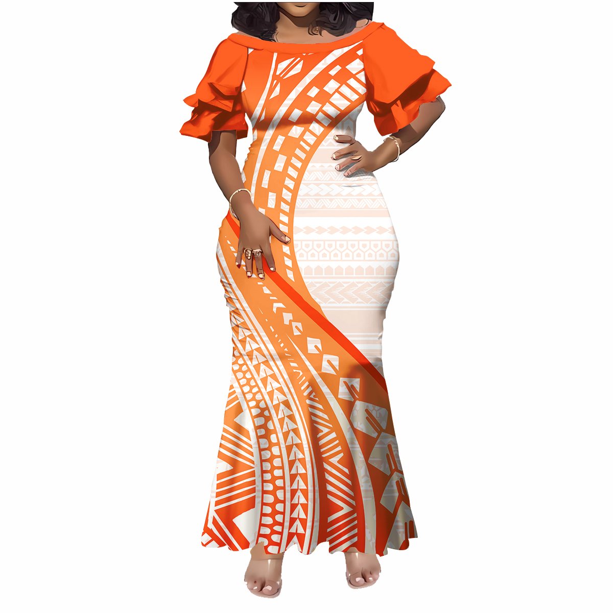 New Arrivals Petal Sleeve Long Fishtail Dresses Women Elegant Custom Samoa Polynesian Tribal Printed Mermaid Evening Dress 2024