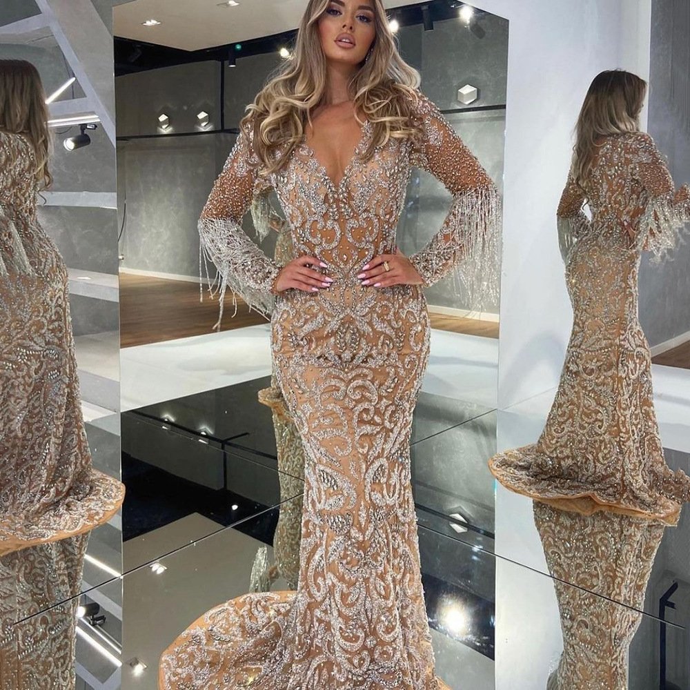 Luxury Sheer Neck Mermaid Prom Dresses Beading Sequined High Split Gowns Formal Mother of the Bride Dress Evening Wear
