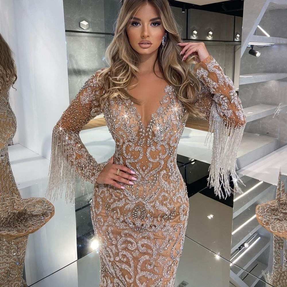 Luxury Sheer Neck Mermaid Prom Dresses Beading Sequined High Split Gowns Formal Mother of the Bride Dress Evening Wear