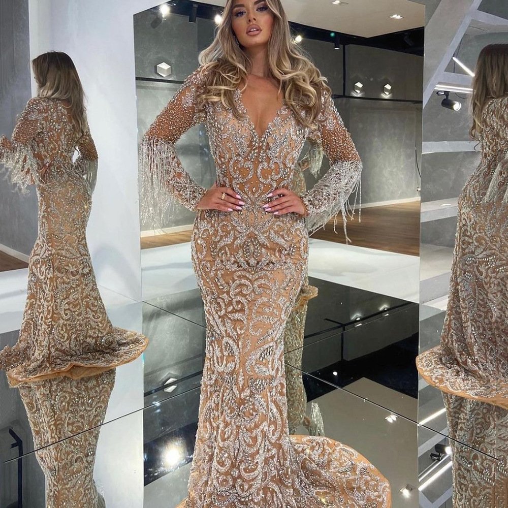 Luxury Sheer Neck Mermaid Prom Dresses Beading Sequined High Split Gowns Formal Mother of the Bride Dress Evening Wear
