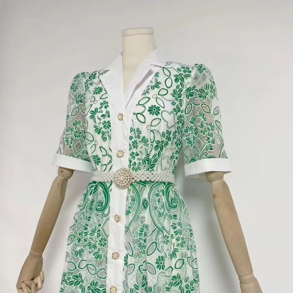 Australian Lady Collar Short-sleeved Light Luxury Pearl Belt Single-breasted Flower Embroidery Lace Dress Long Dress Autumn