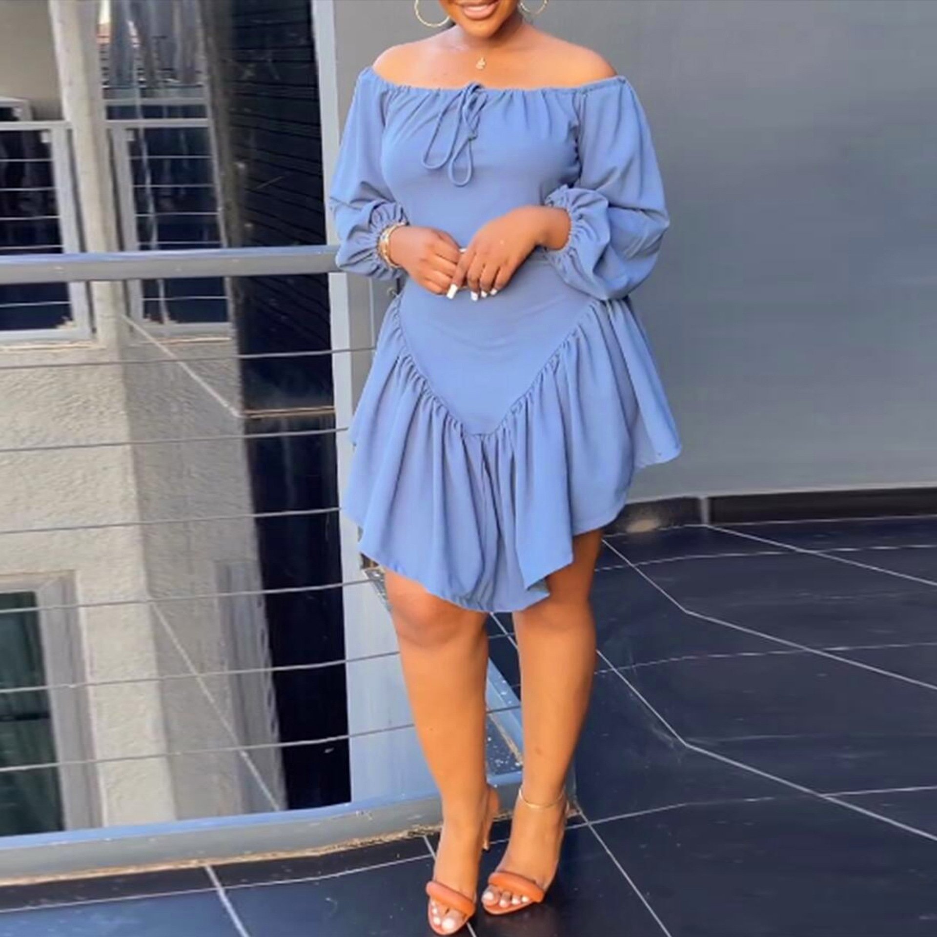 GX10555 Fashion Long Sleeve Sexy Off Shoulder Plus Size Dress Elegant Irregular Midi Casual Dress