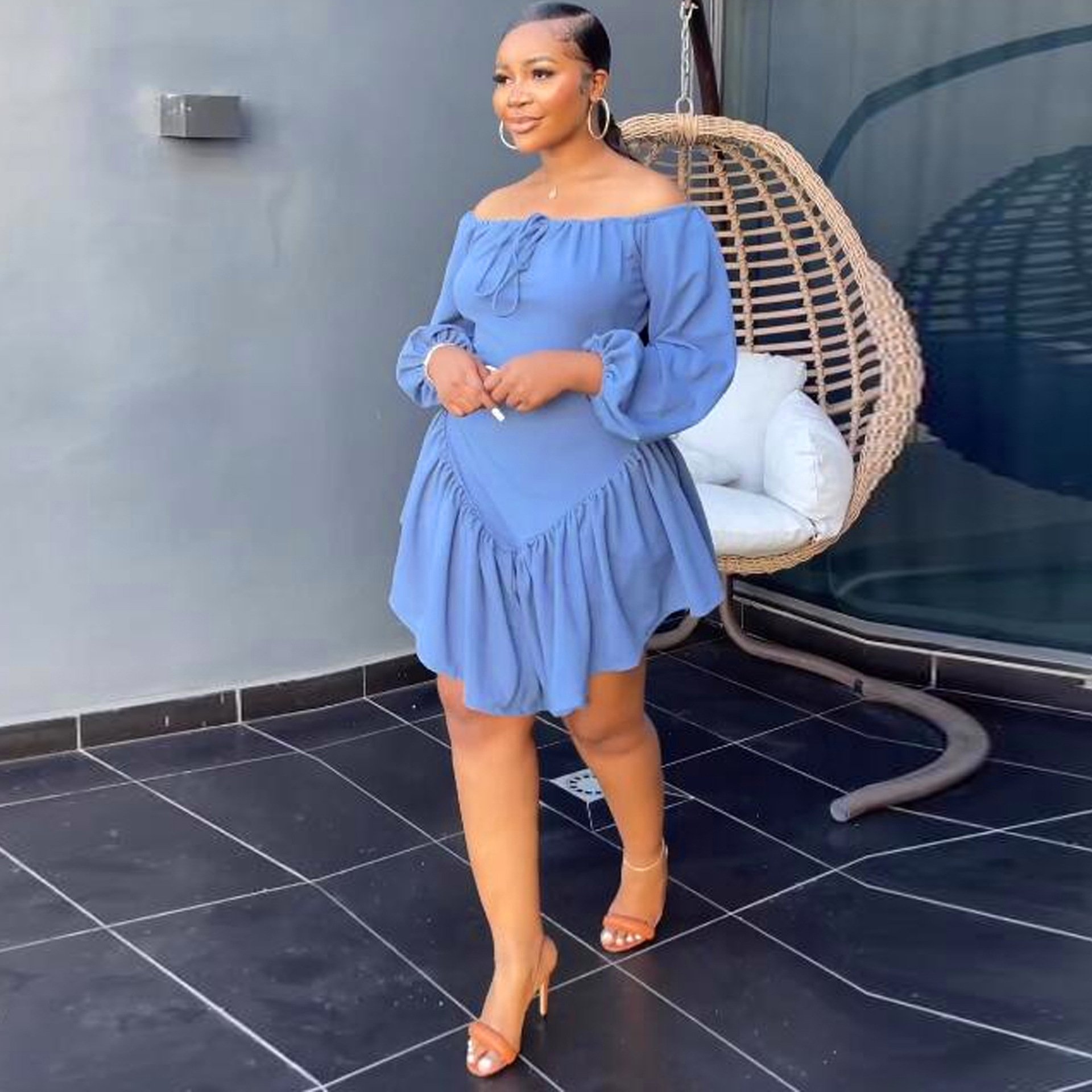 GX10555 Fashion Long Sleeve Sexy Off Shoulder Plus Size Dress Elegant Irregular Midi Casual Dress