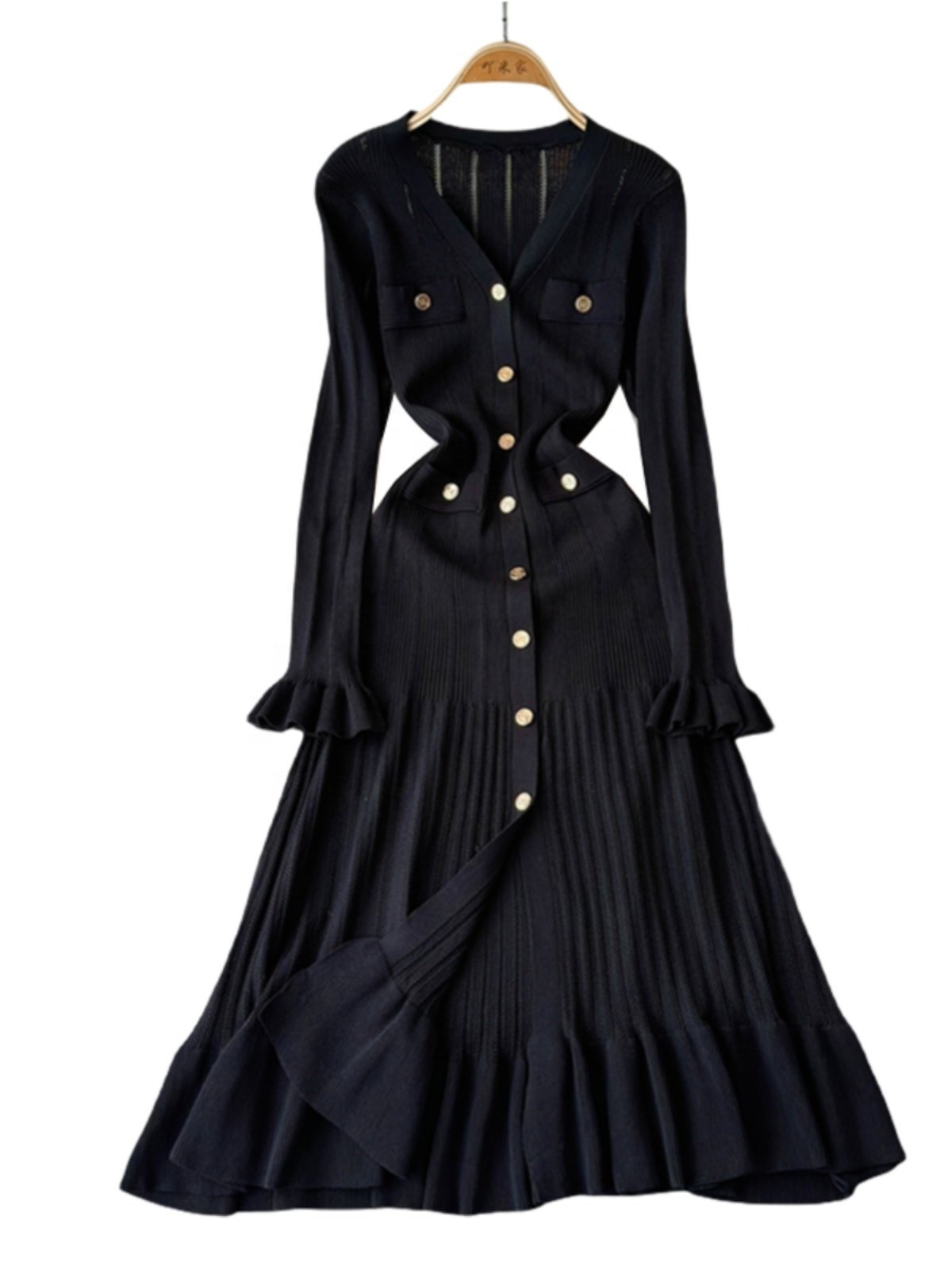 Autumn and winter new French style socialite high-end knitted dress, women's waist cinching slimming ruffle edge sweater dress