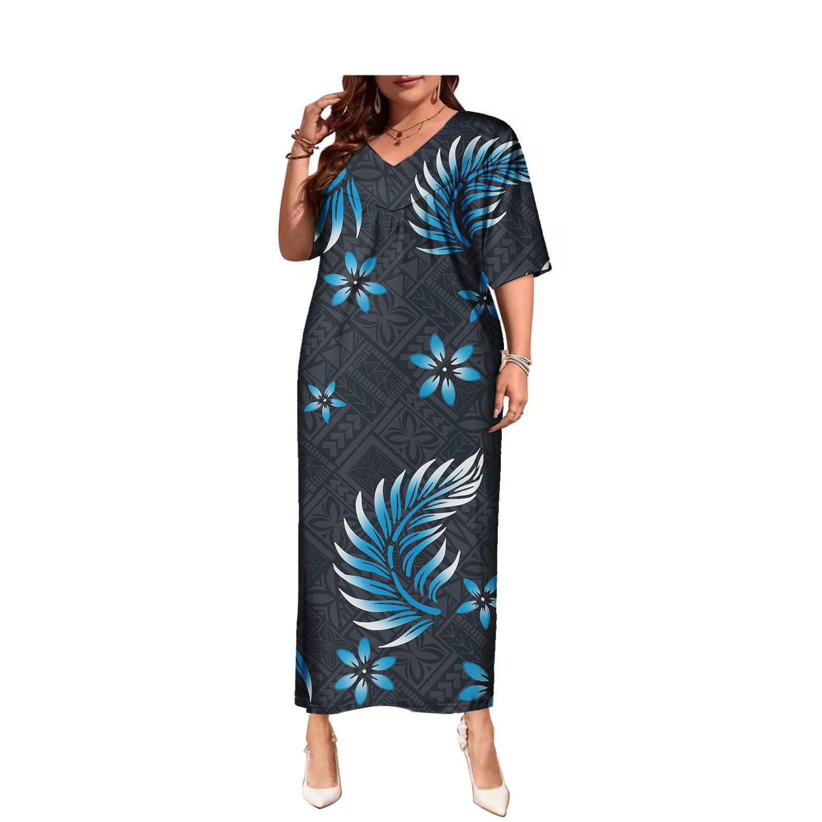 Tropical Flowers Polynesian Pattern Pockets Casual Long Dress Wholesale Custom Womens Dress