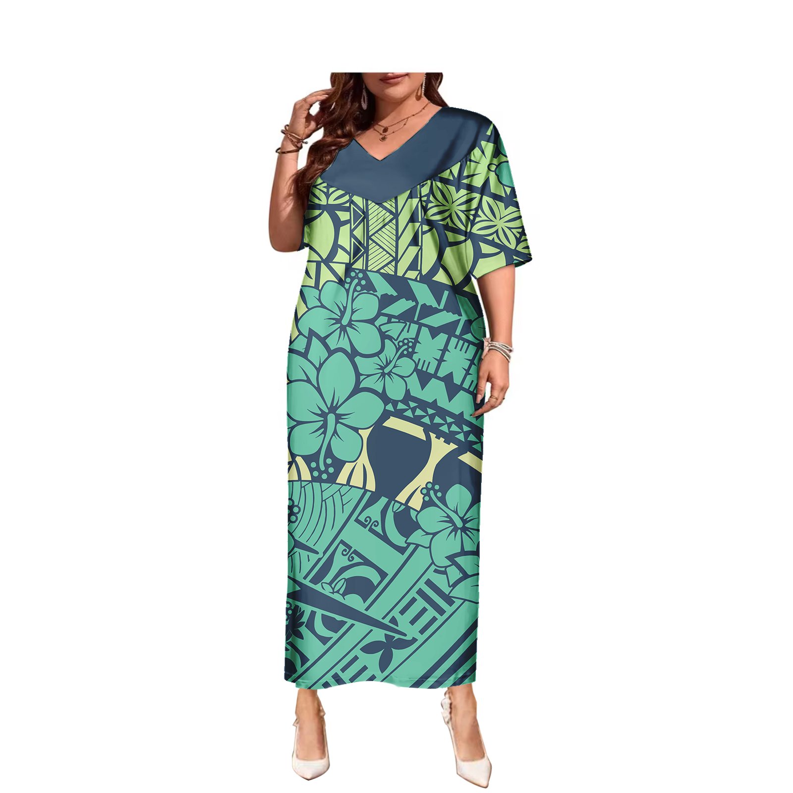 Tropical Flowers Polynesian Pattern Pockets Casual Long Dress Wholesale Custom Womens Dress
