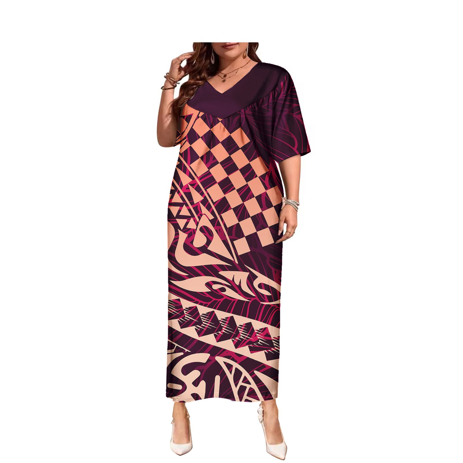 Tropical Flowers Polynesian Pattern Pockets Casual Long Dress Wholesale Custom Womens Dress