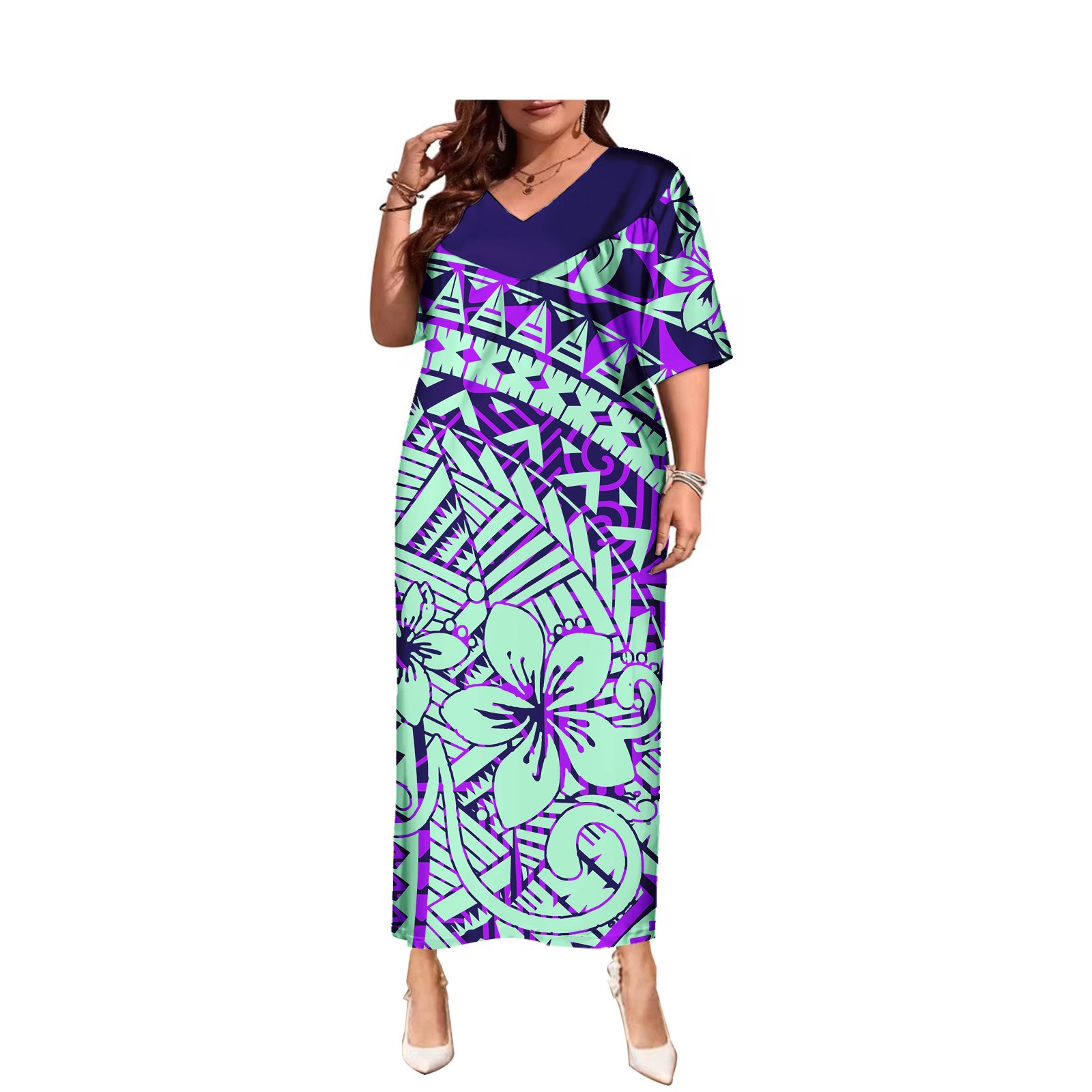Tropical Flowers Polynesian Pattern Pockets Casual Long Dress Wholesale Custom Womens Dress