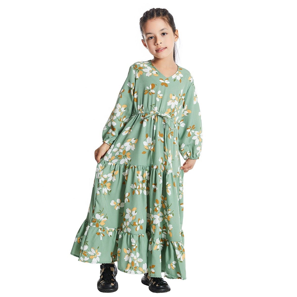 C0035 Muslim Kids Fashion Islamic Jibab Children Printed Floral Dress Arab Turkey Long Maxi Girls Robe Baby Clothes