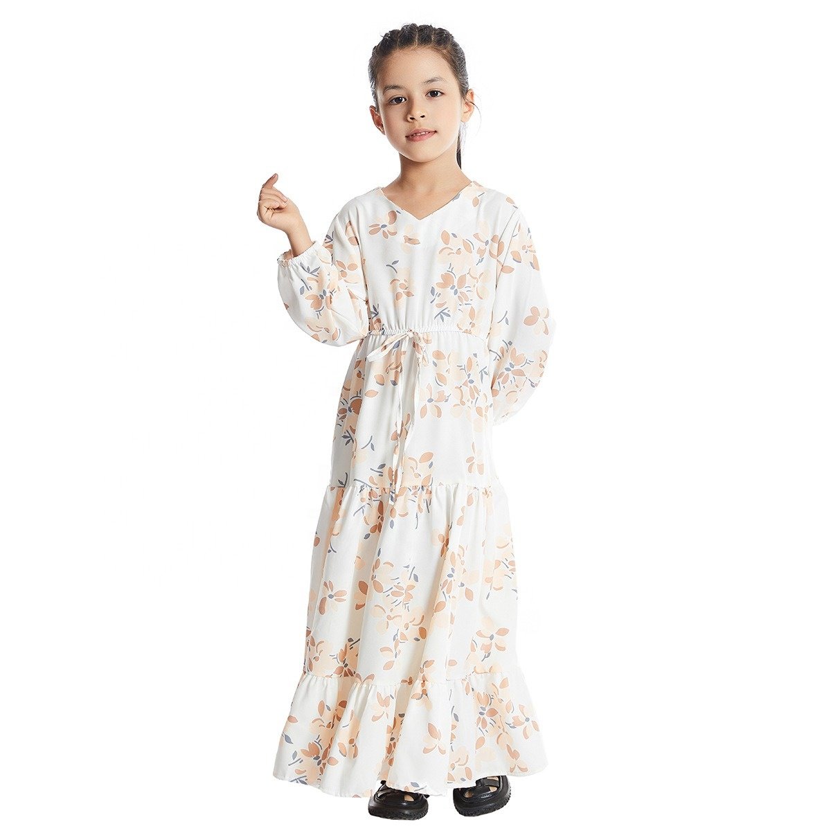 C0035 Muslim Kids Fashion Islamic Jibab Children Printed Floral Dress Arab Turkey Long Maxi Girls Robe Baby Clothes