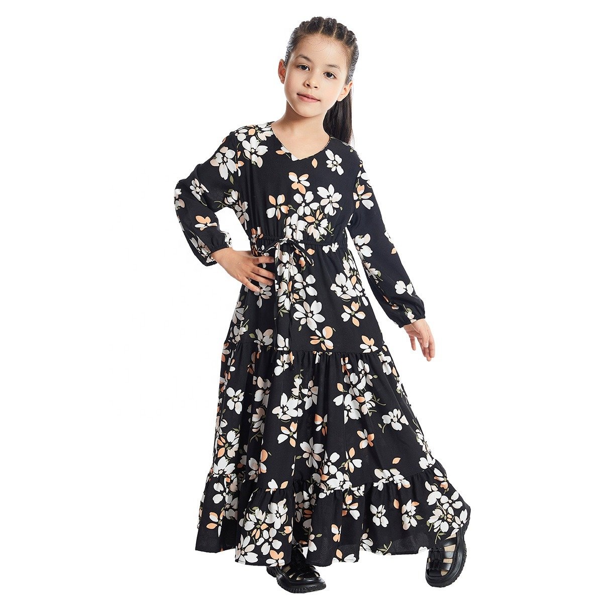 C0035 Muslim Kids Fashion Islamic Jibab Children Printed Floral Dress Arab Turkey Long Maxi Girls Robe Baby Clothes