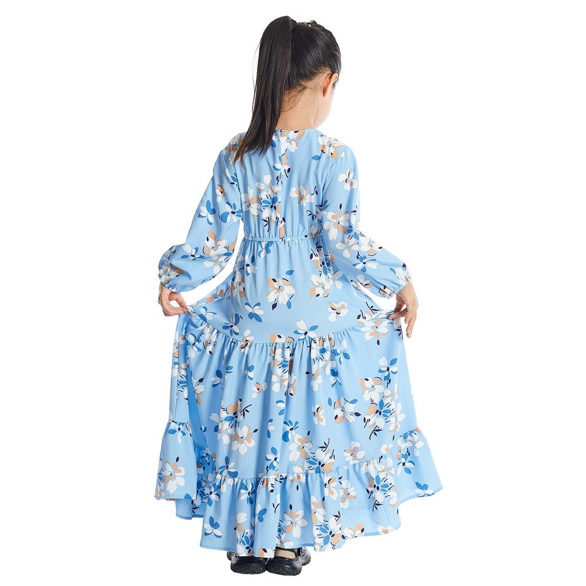 C0035 Muslim Kids Fashion Islamic Jibab Children Printed Floral Dress Arab Turkey Long Maxi Girls Robe Baby Clothes