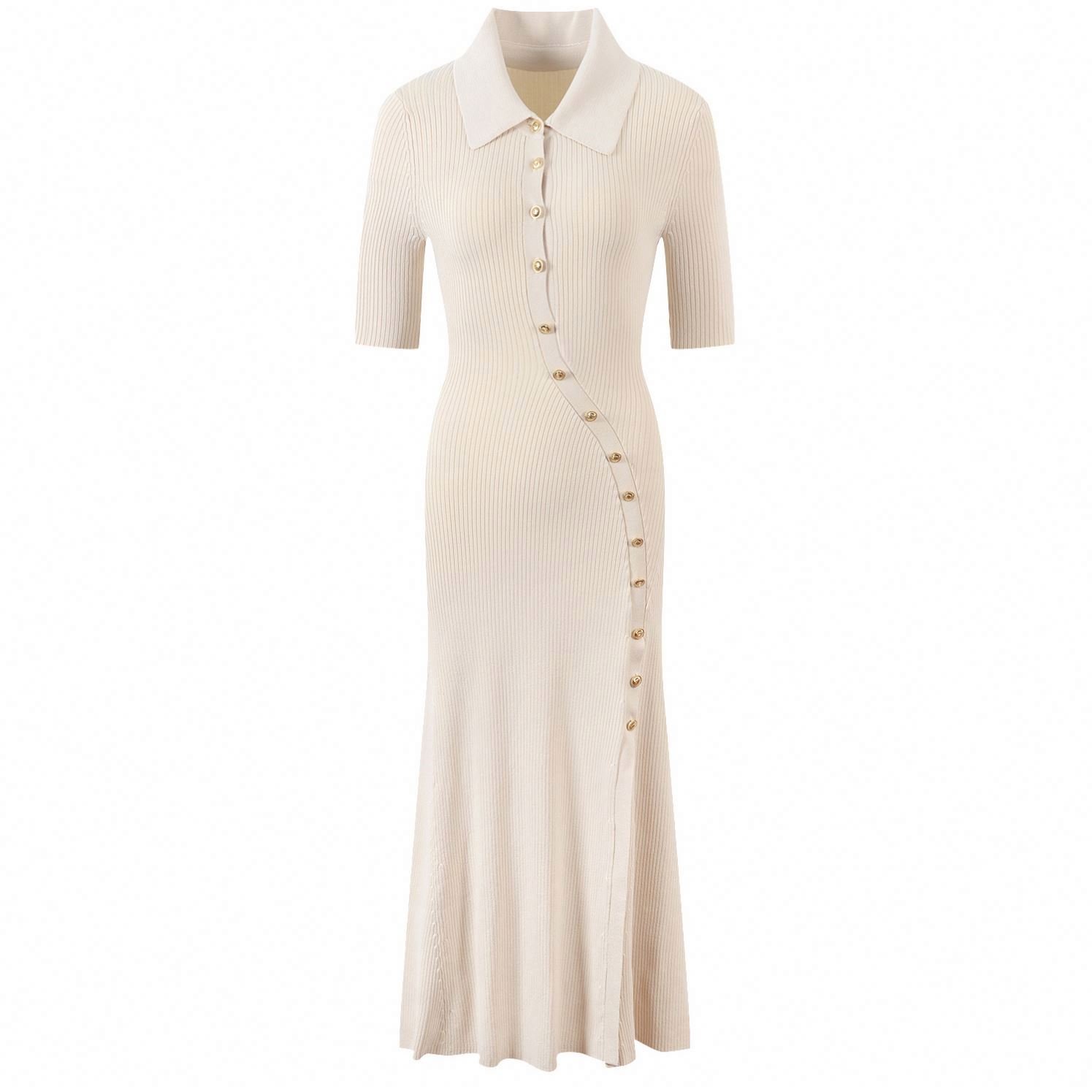 BetterGirl 2024 Spring Summer New Ramadan Long Dress French Short Sleeve Flip Collar Button Decorative Knitted Dress